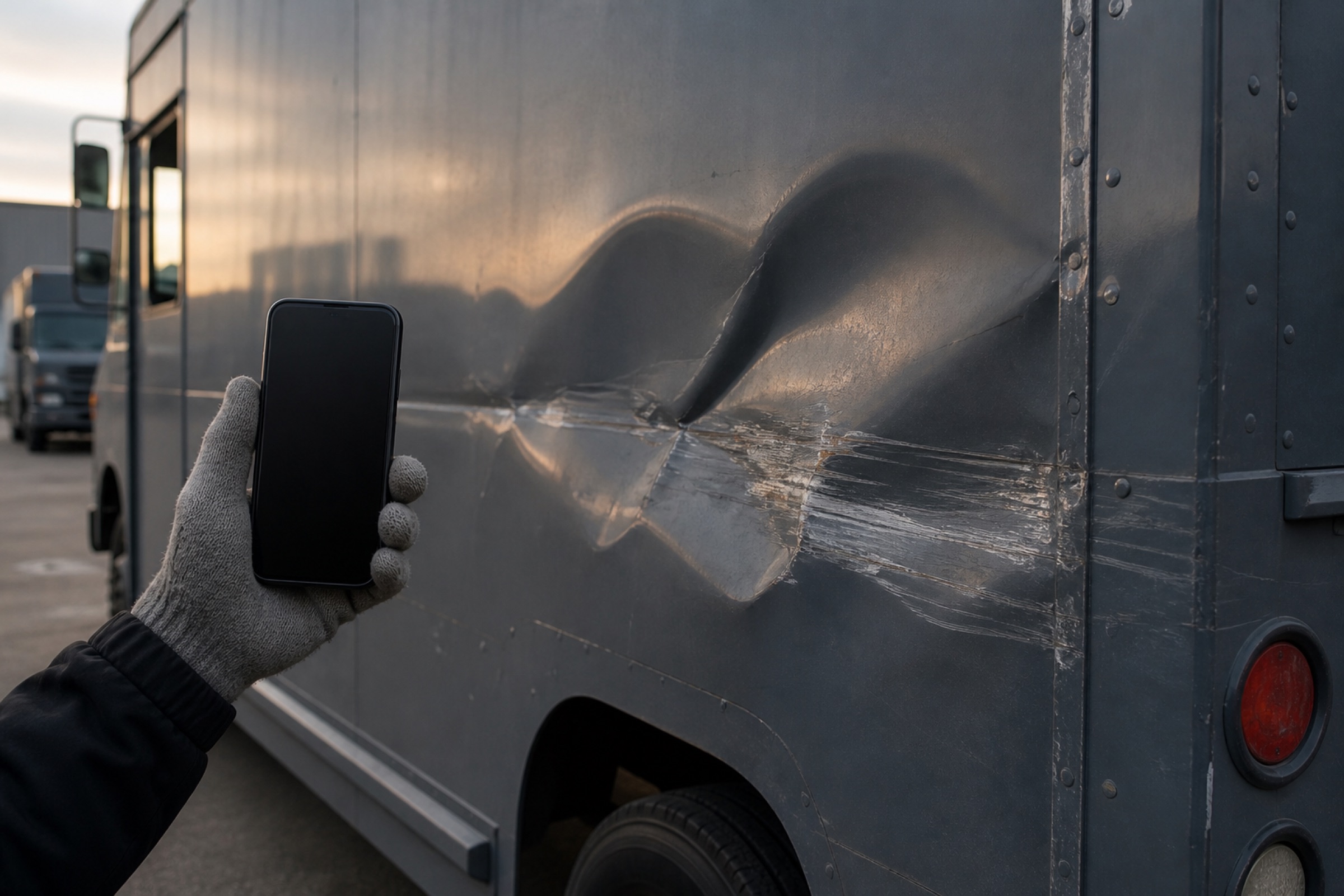 Inspector photographing damage on a step van quarter panel