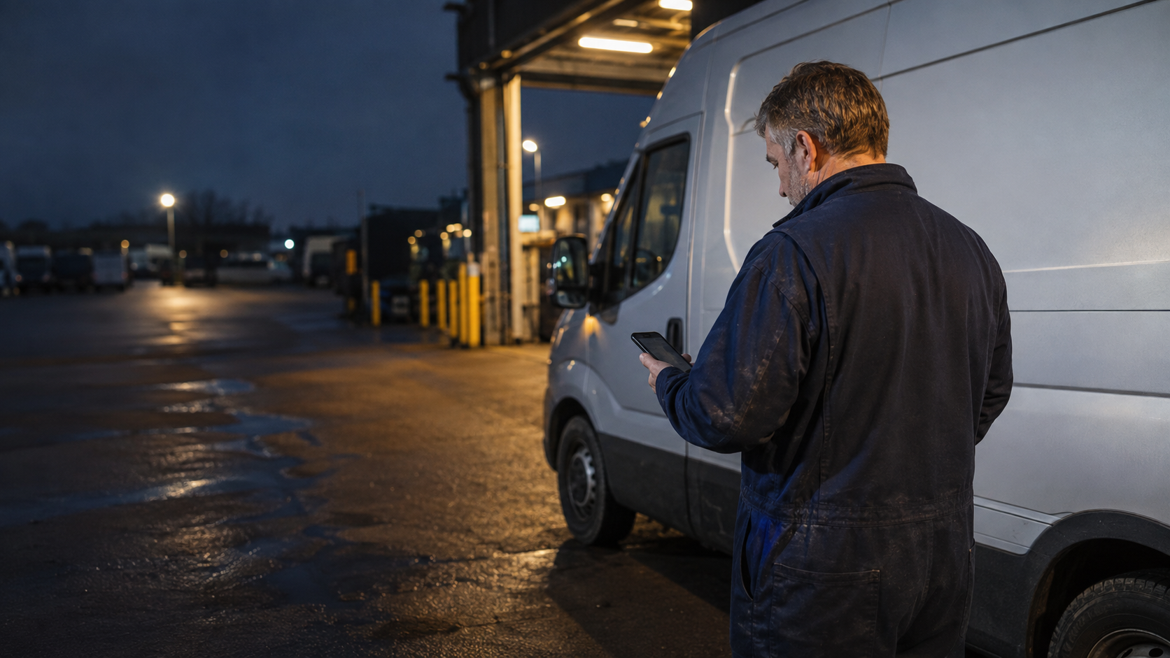 Fleet supervisor reporting a vehicle issue on a phone beside a delivery van