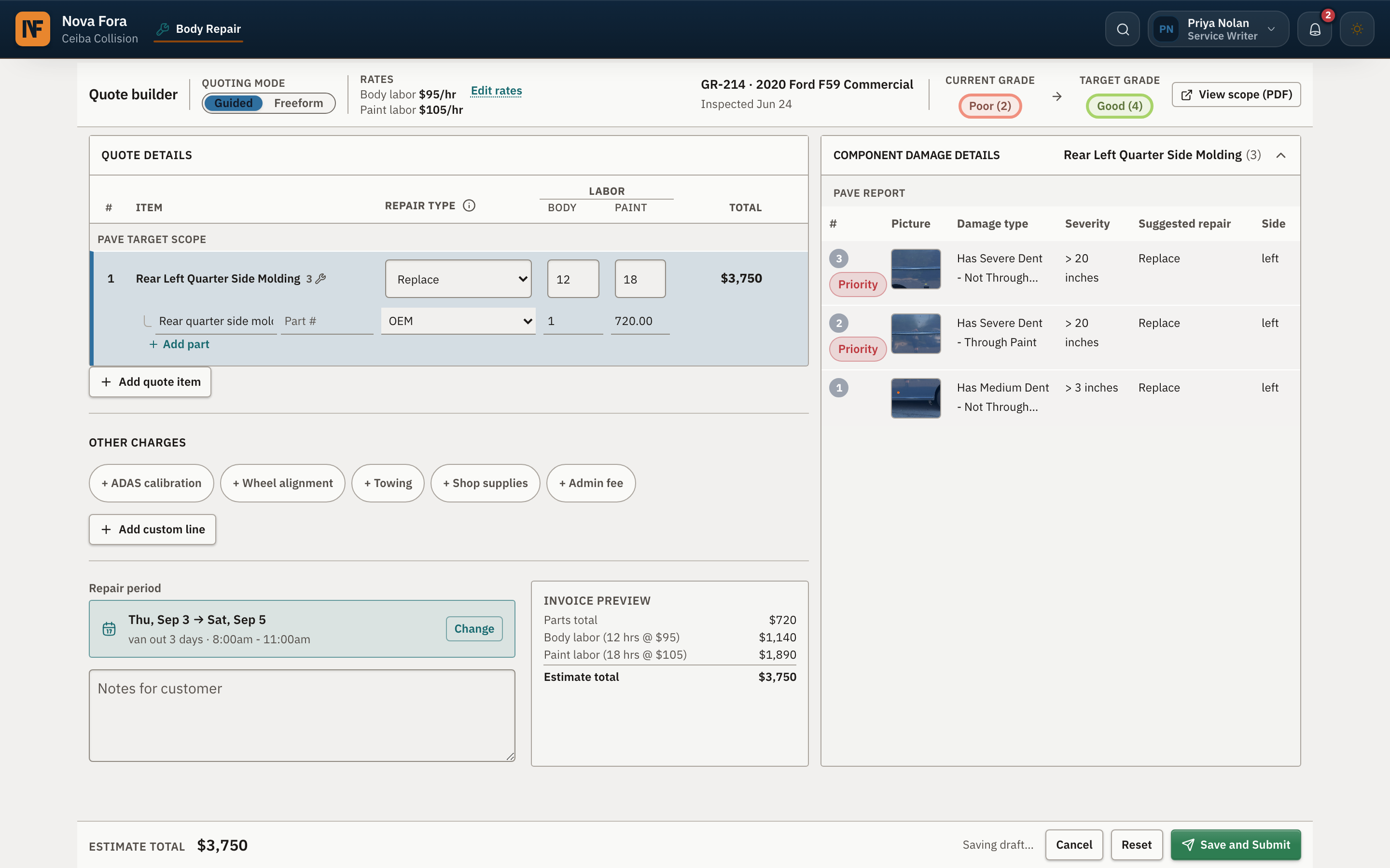 Body repair quote builder showing repair method, parts, labor, repair days, and the shop amount