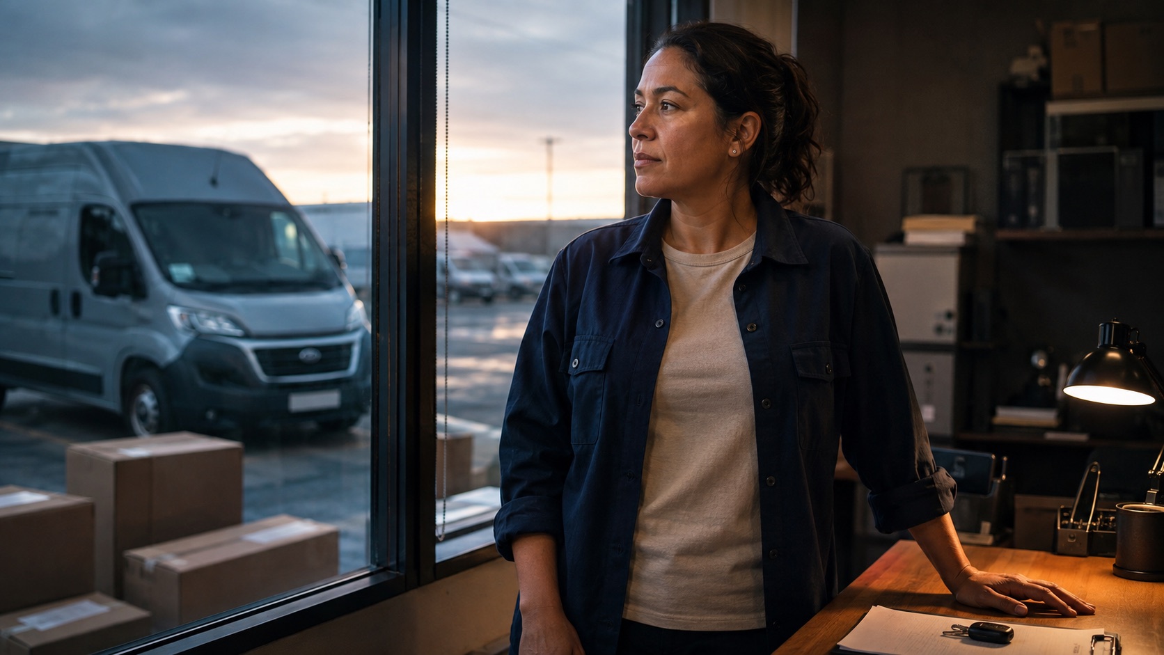 Elena looking toward the fleet from the depot office, with van keys on her desk