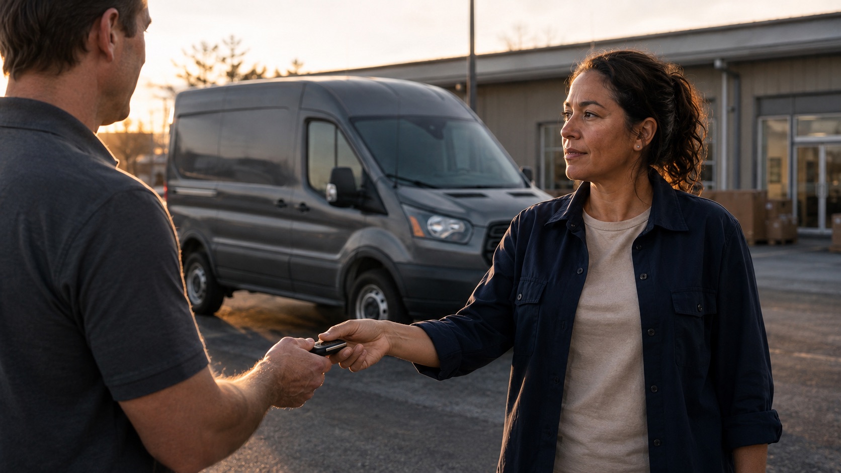 Elena and a driver beside the repaired van at the depot