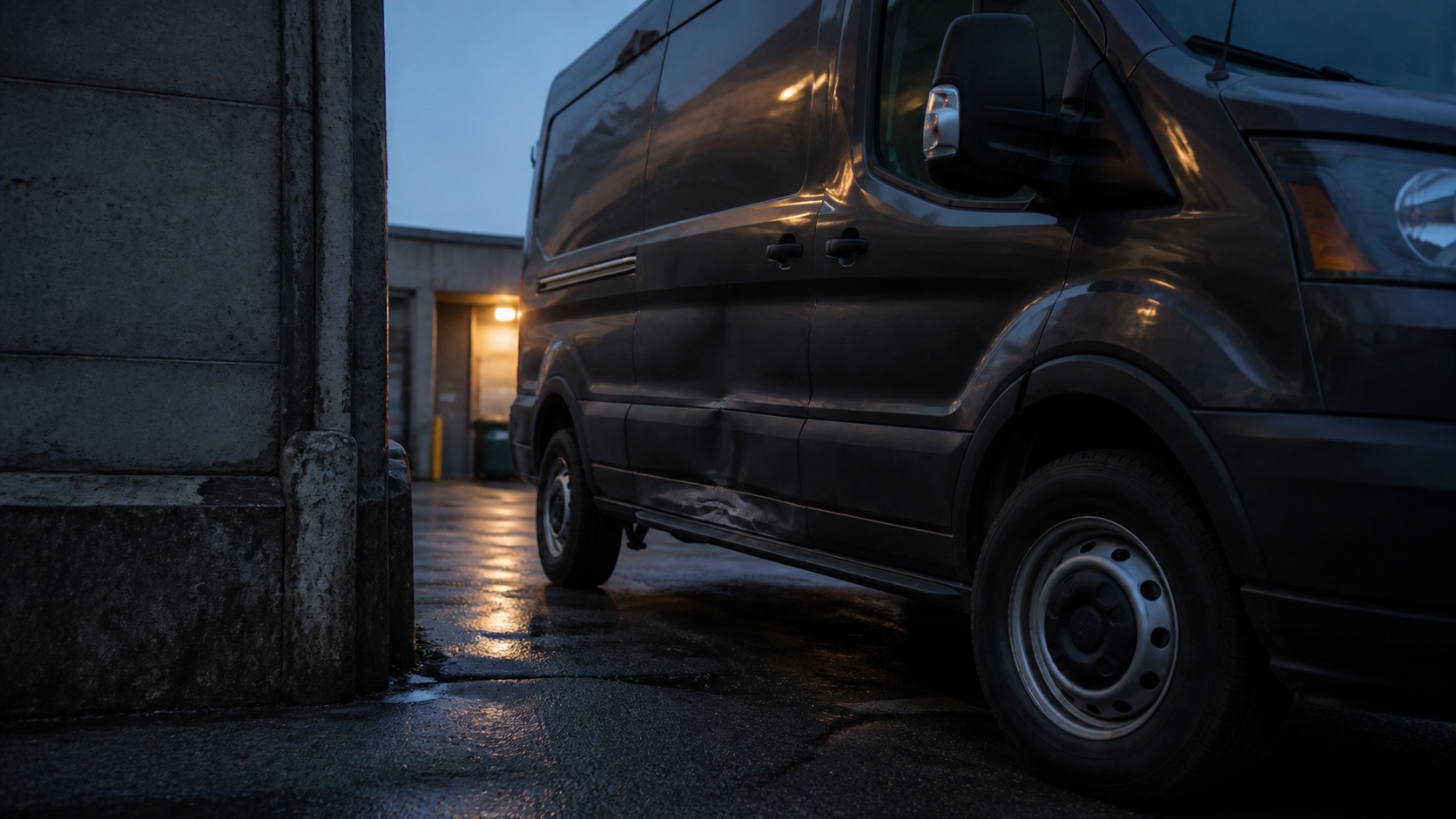A gray delivery van with body damage beside a concrete wall