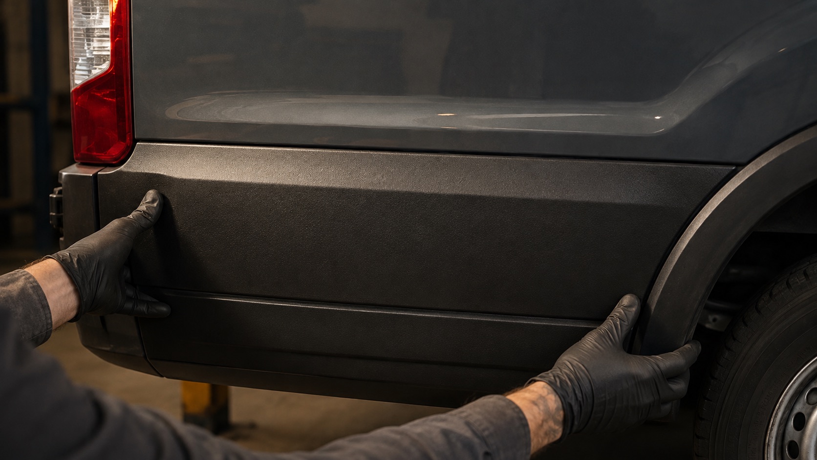 Gloved hands fitting the lower rear-quarter molding on the gray van