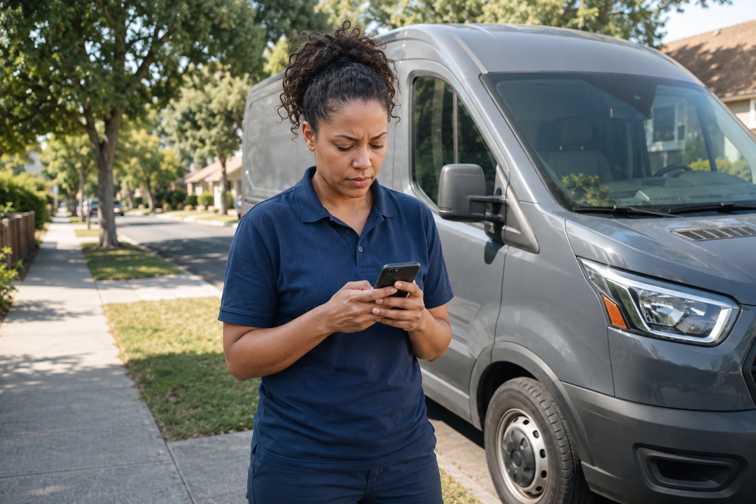 Tasha reporting the brake noise on her phone beside her safely parked delivery van